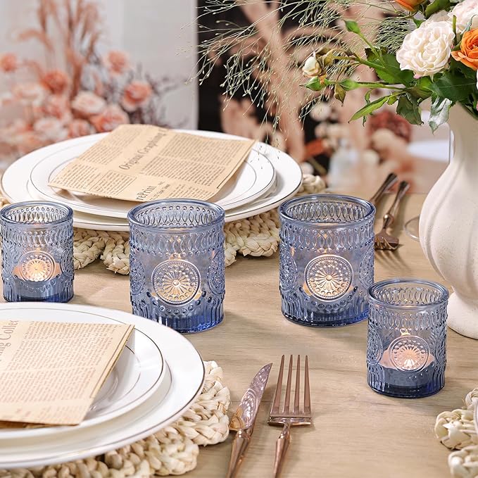 Volens 20pcs Assorted Blue Votive Candle Holders Bulk, Large Glass Votive & Tea Light Candle Holder for Wedding Table Centerpieces, Blue Party Decorations, and Home Decor