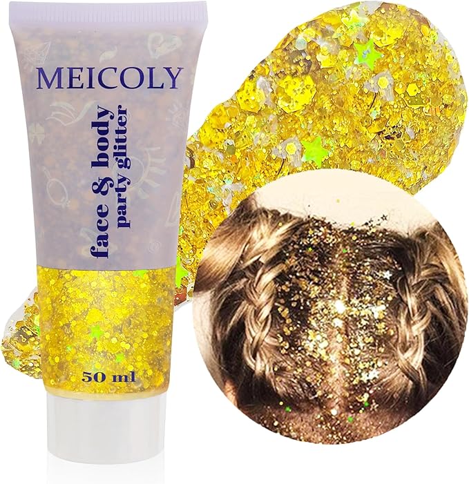 MEICOLY Gold Body Glitter,Yellow Face Glitter,Music Festival Outfits for Women,Hair Glitter Kids Halloween Makeup,Sparkle Face Body Glitter for Country Singer Concert,Mardi Gras Accessories