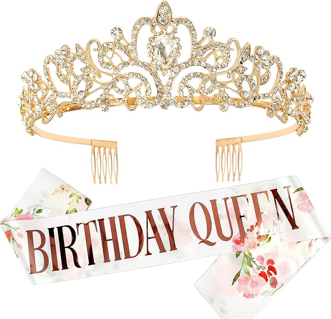 Gold Prom Queen Tiara Crown for Women, Happy Birthday Flower Crown Sash, Party Favors Supplies, Cake Toppers, Halloween Cosplay