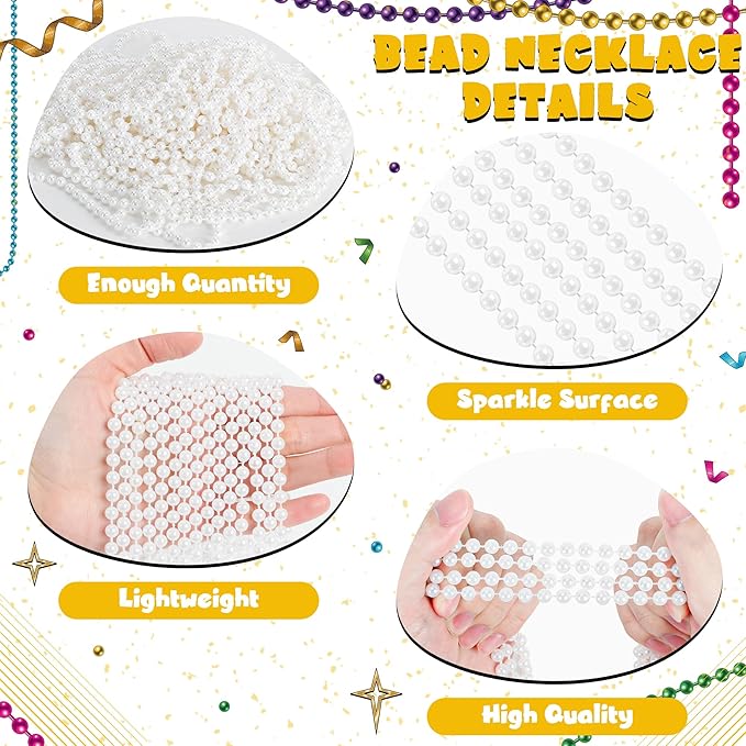 24 PCS White Mardi Gras Beads Necklace Bulk, 33" Round Beads Costume Necklaces for Parade Throws, Holiday Costume Bulk for Carnival Wedding Birthday Decorations