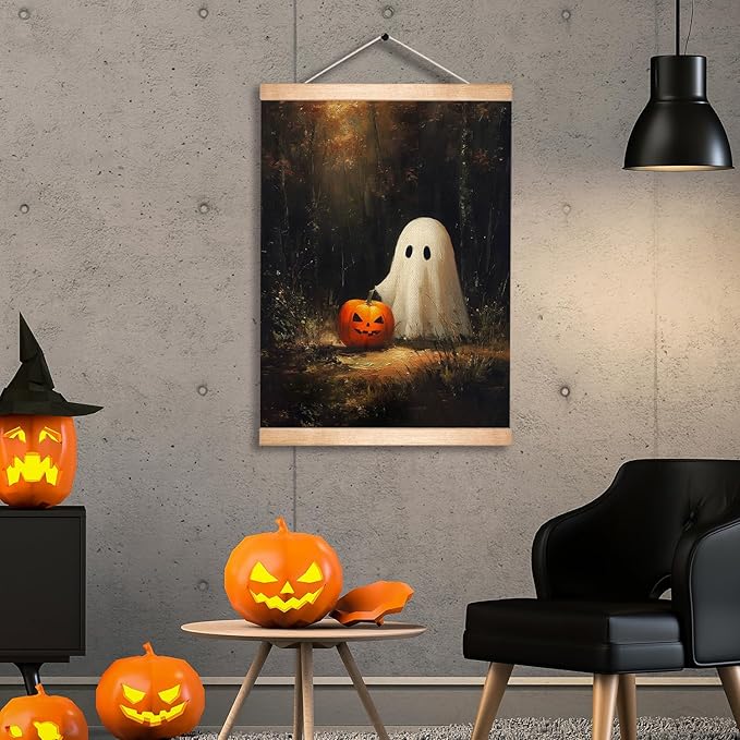 Rustic Halloween Ghost and Pumpkin Wall Art 18.5x14 Inch, Vintage Farmhouse Linen Canvas Wall Hanging Poster , Halloween Home Decor, Retro Gothic Haunted House Theme Wall Poster for Living Room Bedroom(BLK09)