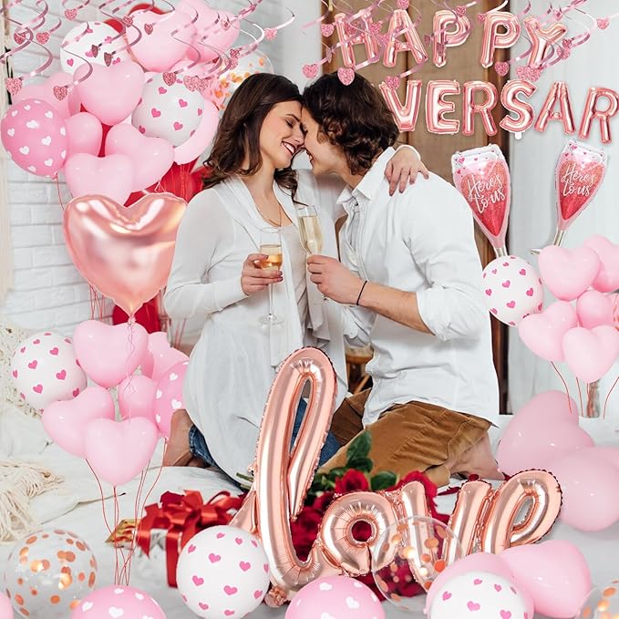 Bonropin Pink Valentine's Day & Anniversary Decorations: 36 Latex Balloons, 1 Glass Balloon, 1000 Rose Petals, Glue & More