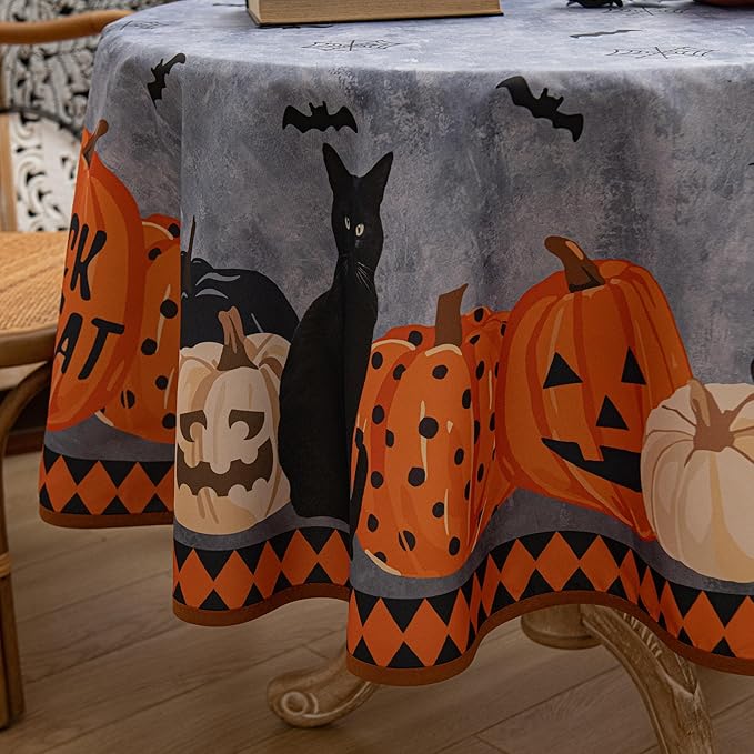 Halloween Waterproof Tablecloth – Spooky Pumpkin, Black Cat, Bat & Spider Web Design – Gray Holiday Table Cover for Party, Dining, and Home Decor, 60" Round