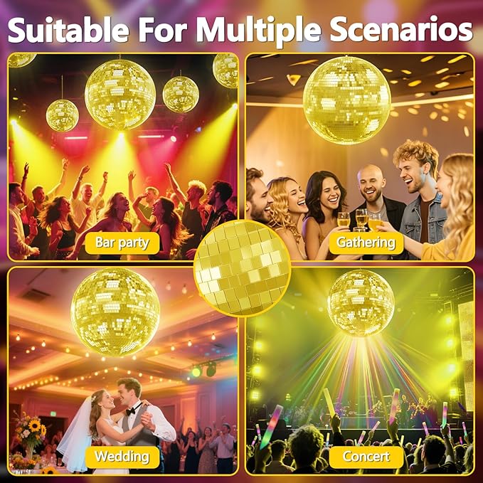 Disco Ball, 12/16/20 Inch Hanging Disco Ball, Mirror Ball for Party Decoration, Wedding, DJ Club, Stage, Birthday, Christmas, New Years Celebration (Golden, 12Inch)