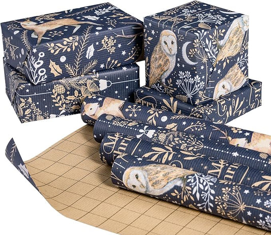 RUSPEPA Christmas Kraft Wrapping Paper Roll - Blue Owl, Reindeer, Christmas Ball and Text Design - 17 inches x 10 feet per Roll, Total of 4 Rolls
