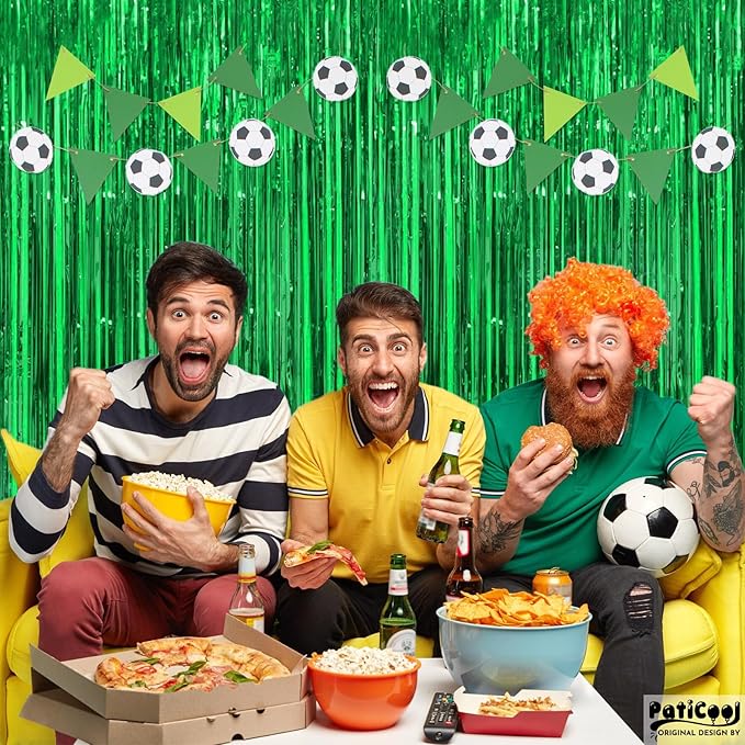 Football Party Decorations Green Streamers - Thicken 4 Pack 3.2 x 8.2 FT - Tinsel Foil Fringe Curtains Party Backdrop for Birthday, Dinosaur, Jungle, Christmas, Golf Party Decorations
