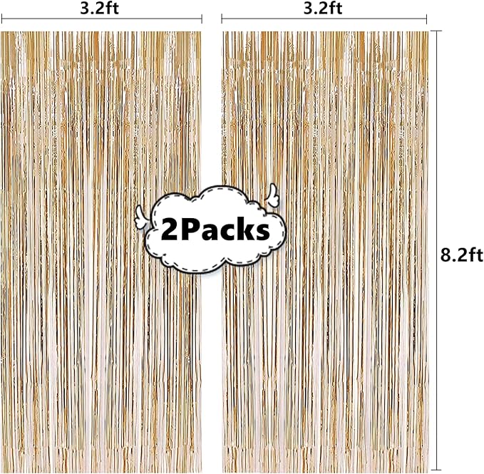 i-CHONY 2 Pcs 3.2ft x 8.2ft Champagne Gold Metallic Tinsel Foil Fringe Curtains Photo Booth Backdrop for Baby Shower Birthday Wedding Holiday Celebration Bachelorette Party Decorations