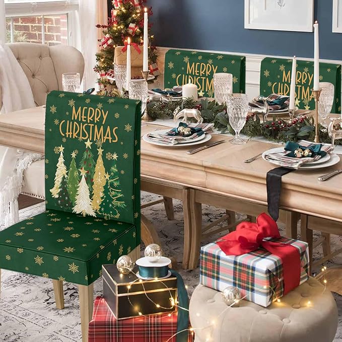Horaldaily 6PCS Christmas Dining Green Chair Covers, Christmas Pine Tree Stars Stretch Removable Washable Slipcover Chair Protector for Dining Room Home Decor