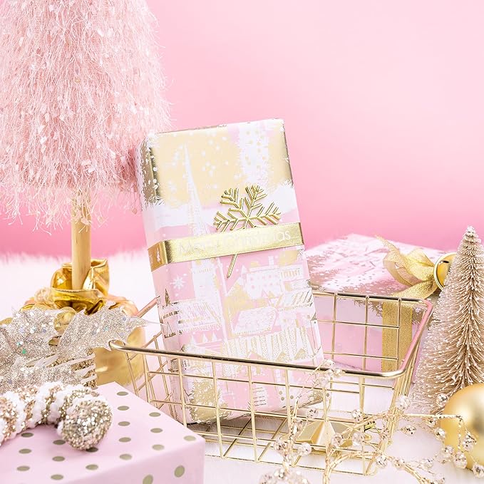 RUSPEPA Reversible Christmas Wrapping Paper Roll, Mini Roll, Pink Gold Winter Landscape with Snowflake Pattern, Gold Polka Dot Design Gift Wrap for Girls, Friends, Holiday Gifts, 17 Inches x 32.8 Feet