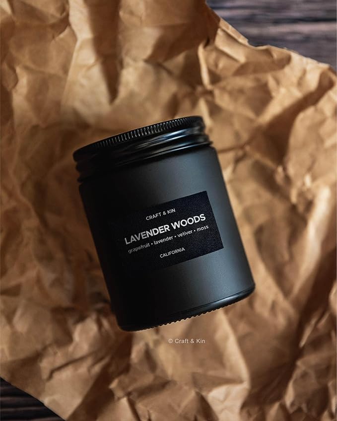 Craft & Kin Premium Lavender Woods Candle | Black Christmas Scented Candles for Men | Long Lasting with 45 Hour Burn Time, 7.6oz | Soy Holiday Candle | Aromatherapy at Home | Gifts for Men
