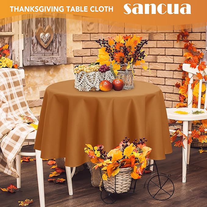 sancua Round Tablecloth 60 Inch(Fits 20-48 Inch Tables) Light Brown- Water Resistant Spill Proof Washable Polyester Fall Table Cloth Decorative Fabric Cover for Dining Thanksgiving Parties, Bronze