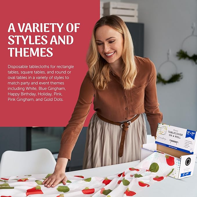 Grandipity Plastic Tablecloth Roll - 54in x 300 Ft. Holiday Plastic Table Cloths for Parties Disposable with Cutter Box - Cut to Size Disposable Tablecloth Table Cover for Rectangle & Round