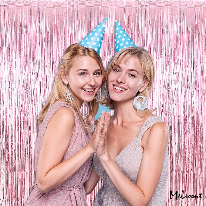 4 Pack Pink Fringe Curtain Backdrop, 3.2Ft x 9.8Ft Metallic Tinsel Foil Fringe Streamers Background for Photo Booth Birthday Wedding Baby Shower Carnival Easter Mother’s Day Party Decorations