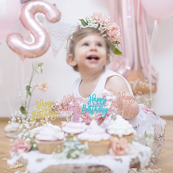 24 PCS Glitter Cupcake Toppers - Happy Birthday & Anniversary Picks - Multi 6 Colors