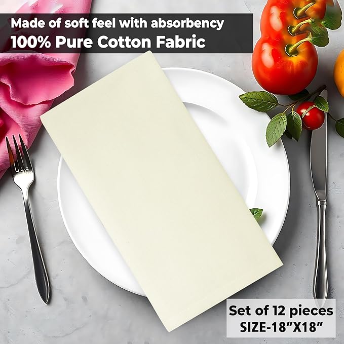 Cloth Dinner Napkins Ivory Set of 12 (18"X18") 100% Cotton Absorbent Durable Washable Reusable Ideal for Farmhouse Party Thanksgiving Fall Christmas Everyday Use Table Napkins