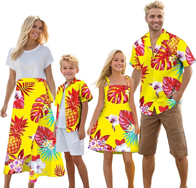 Cromoncent Matching Hawaiian Outfits for Family, Dad and Son Matching Luau Beach Tropical Shirts Mommy Daughter Tropical Sets