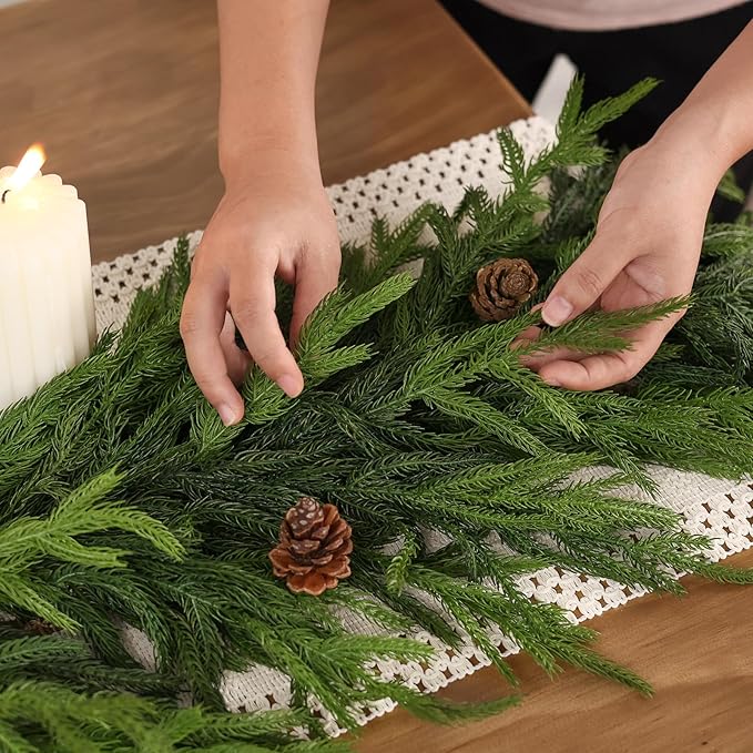 9FT Real Touch Norfolk Pine Garland - Artificial Christmas Garland Fake Green Faux Pine Needles Garland for Table Fireplace Mantle Holiday Home Indoor Outdoor Decor (2PCS)
