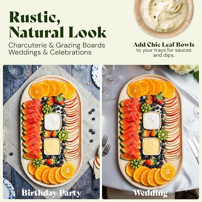 Chic Leaf All Natural Compostable & Disposable Rectangular 13" x 9" Palm Leaf Serving Tray for Events, Thanksgiving, Charcuterie Board, Catering & Weddings - Disposable Plates Party Supplies (10 pc)