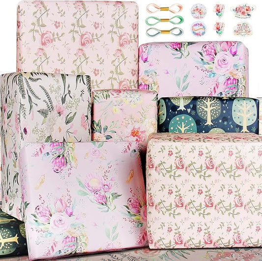 Wrapping Paper with Pastel Purple Pink Green Floral Making,Gift Wrapping Paper Set for Women Girl Baby,Birthday Wrap Birthday Paper with Tags Ribbon,Baby Shower wrap