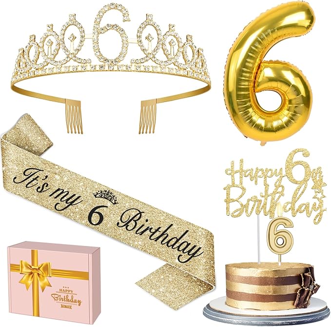 6th Birthday Decorations for Girl with 6th Birthday Sash and Tiara, Candle and Cake Topper, Number Balloon, 6 Year Old Girl Gifts