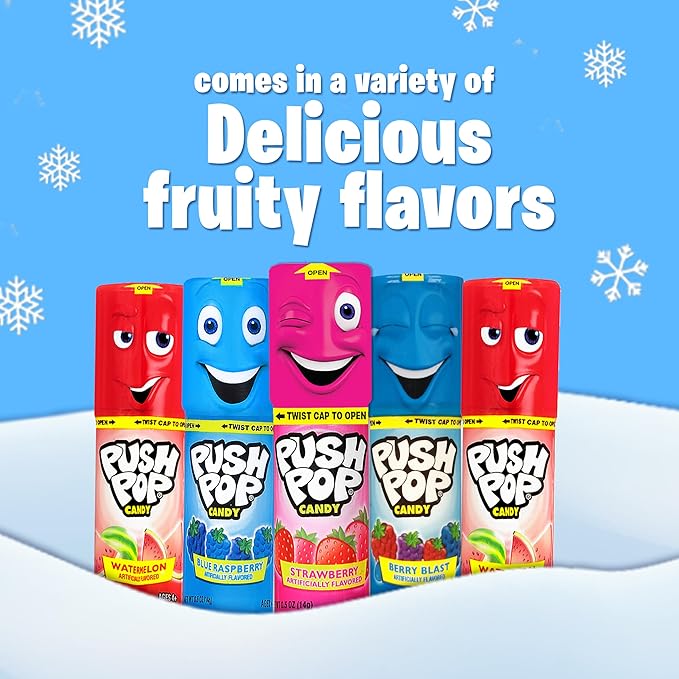 Push Pop Christmas Candy Variety Pack, 24Ct Bulk Individually Wrapped Lollipops for Party Favors, Assorted Flavors, Full Size, Fun Hard Candy For Birthdays, Holiday Parties, Stocking Stuffers, Gifts