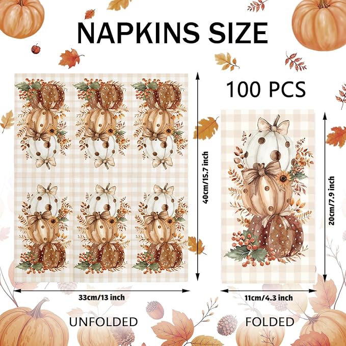 100 Pcs Thanksgiving Napkins Disposable Fall Paper Napkins for Autumn Harvest Brown Pumpkins and Buffalo Plaid Paper Hand Towels for Bathroom Kitchen Halloween Party