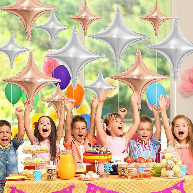 Rose Gold Silver Star Balloons,12Pcs Four Angle Star Foil Balloons,26Inch and 10Inch Rose Gold Silver Quadrangle Helium Polyester Film Balloon for Birthday Anniversary Wedding Party Decorations