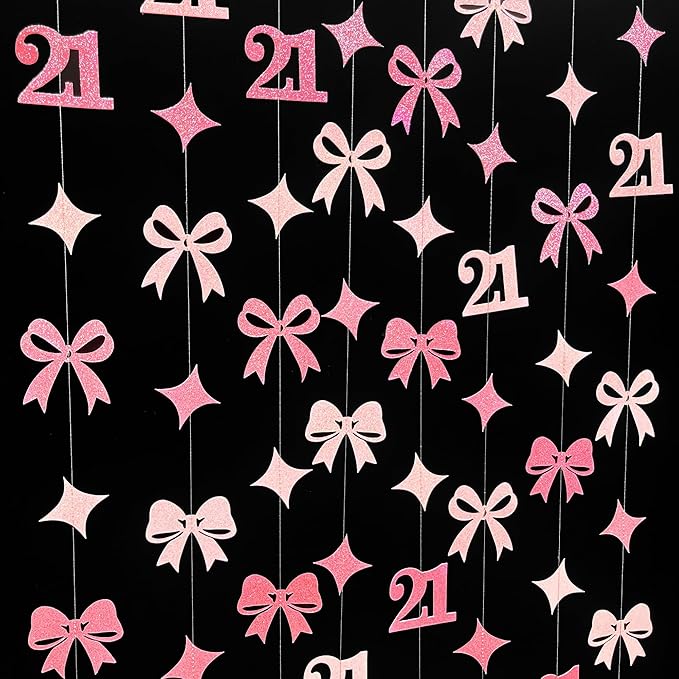 Glitter Pink 21st Bow Birthday Decorations Hot Pink Conquette Bow Garland Streamer Banner Backdrop for Girls Happy 21st Birthday Finally Legal Cheers to 21 Years Old Anniversary Party Supplies