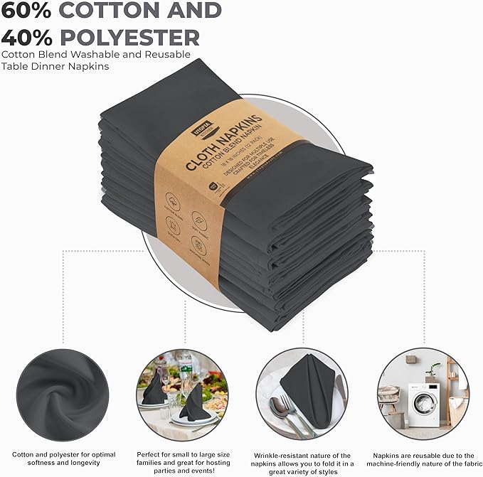 Utopia Kitchen Charcoal Cloth Napkins [12 Pack, 18x18 Inch] Absorbent Cotton Blend Washable and Reusable for Dinner, Restaurant, Lunch, Wedding and Hotel
