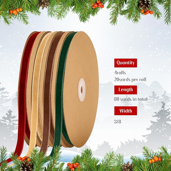 Chuangdi 80 Yards Christmas Velvet Ribbon, 4 Rolls 3/8" Vintage Thin Ribbon for Xmas Gift Wrapping Christmas Tree Wreath Ornaments DIY Crafts Decoration, Red Green Brown Khaki
