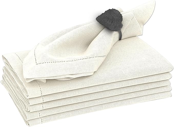 Ruvanti Premium Linen Napkins Set of 4-20x20 Inch, Classic Hemstitch, Mitered Corner Cloth Napkins ‎‎- Soft, Elegant Dinner Napkins Cloth Washable for Weddings, Parties, Everyday Use - Ivory