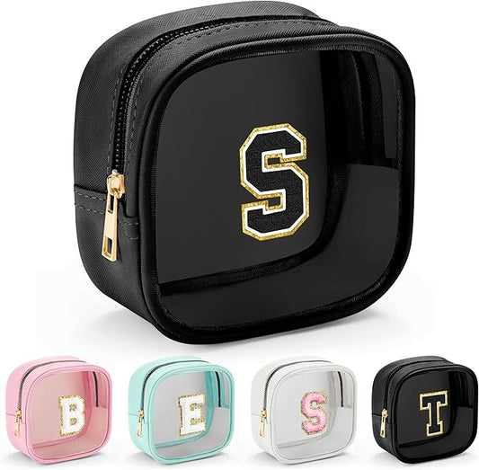 YOOLIFE Birthday Gifts Mini Initial Makeup Bag Travel Toiletry Bag, Clear Makeup Bag Car Accessories For Women Clear Makeup Bags With Zipper Girlfriend Teacher Girl Gifts Mini Graduation Gifts Black S