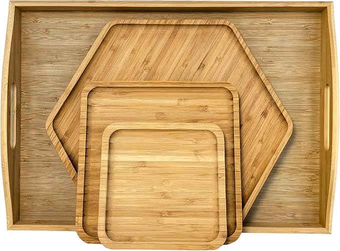 Bamboo Serving Trays Charcuterie Platter 16.5"x11.8"（42x30cm with Handle, Set Includes 1xHexagon 12.5"(32cm)+1xSquare 7.8"(20cm)+1xSquare 5.9"(15cm) Small Plates for Family Dinner