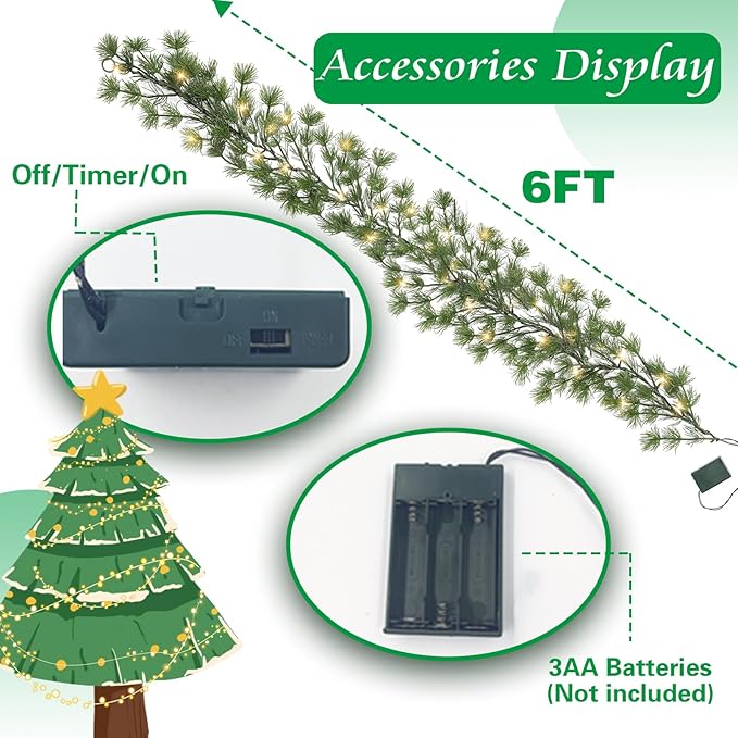 6FT Lighted Cedar Pine Garland with Timer, Battery Operated Christmas Garland with Greenery Pine Needles for Indoor Outdoor Holiday Office Home