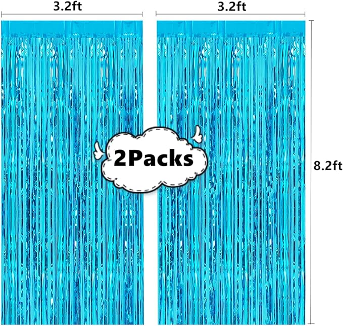 2 Pcs 3.2ft x 8.2ft Shiny Blue Metallic Tinsel Foil Fringe Curtain Photo Booth Backdrop for Birthday Wedding Holiday Bridal Shower Baby Shower Bachelorette Party Decorations