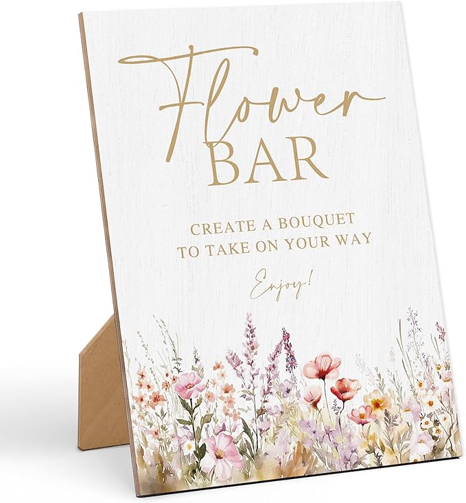 Floral Wedding Flower Bar Sign, Wedding Reception Table Decorations, Reception Table Wooden Sign with Back Stand for Bridal Shower Parties, Engagement Night Accessories, Anniversary Party, 3