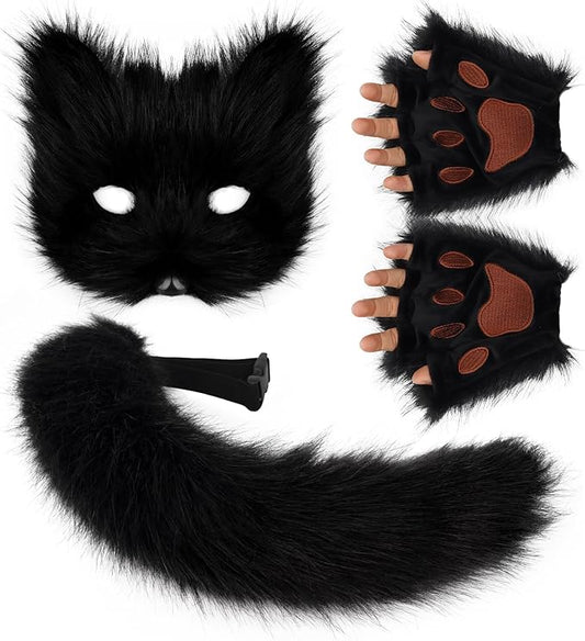 HAOAN Furry Fox Mask Wolf Fox Tail and Paw Gloves Set Adult Cat Halloween Mask Cosplay Animal Party Costume