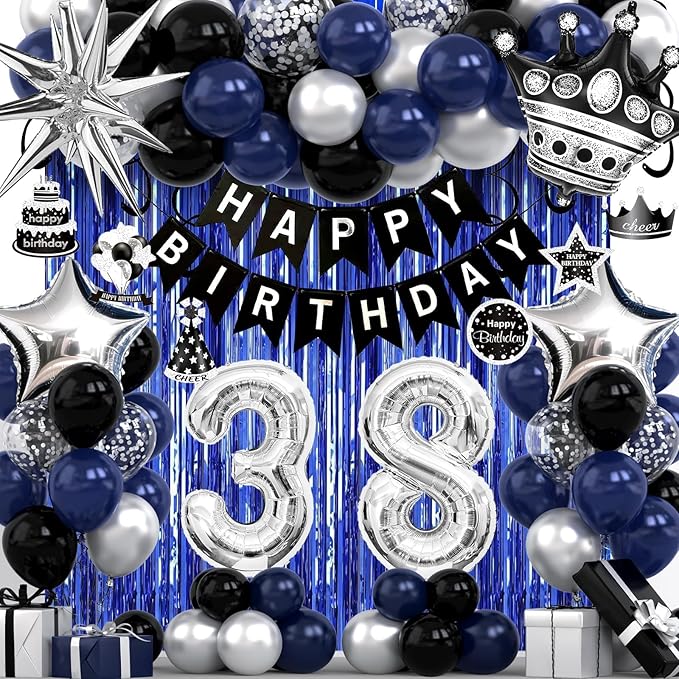 38th Birthday Decorations for Men and Women, Black Blue Silver Happy Birthday Number 38 Balloons, Banner, Fringe Curtains Garland Kit - 38 Year Old Party Supplies