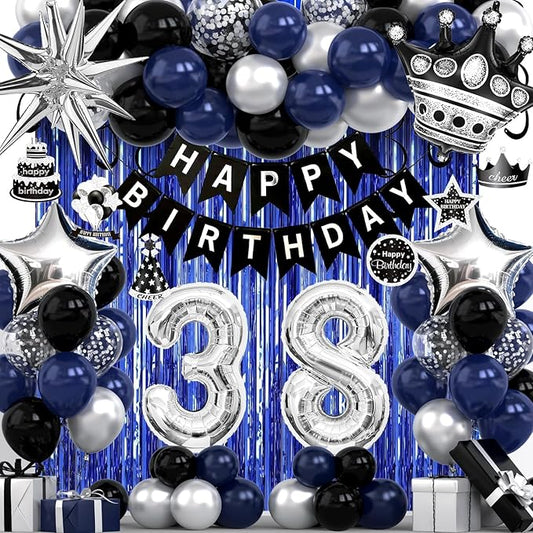 38th Birthday Decorations for Men and Women, Black Blue Silver Happy Birthday Number 38 Balloons, Banner, Fringe Curtains Garland Kit - 38 Year Old Party Supplies