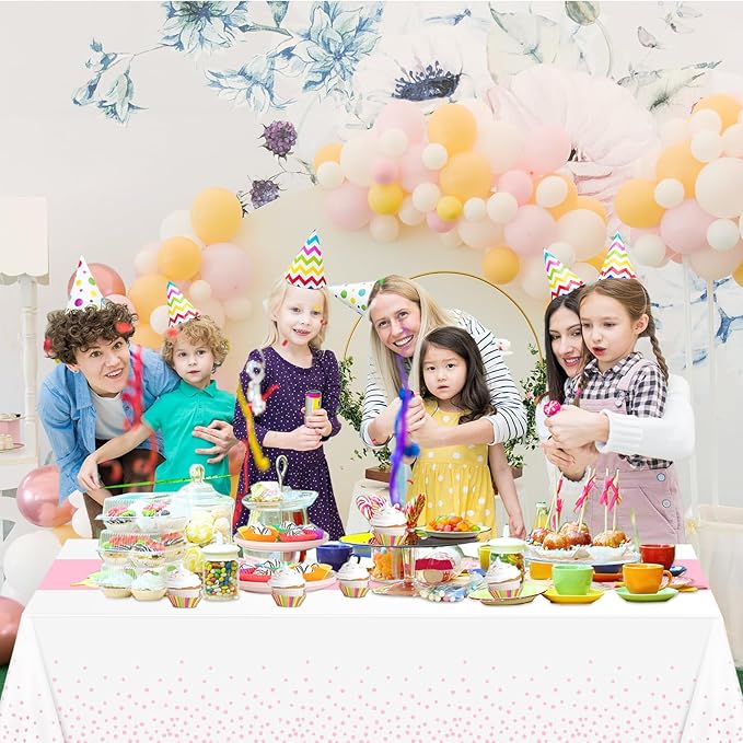 WNINK 4 Pack White and Light Pink Tablecloths, Light Pink Disposable Plastic Waterproof Table Cover, 54" x 108", for Birthday, Baby Shower，Wedding, Bridal Shower, Picnic Camping Parties