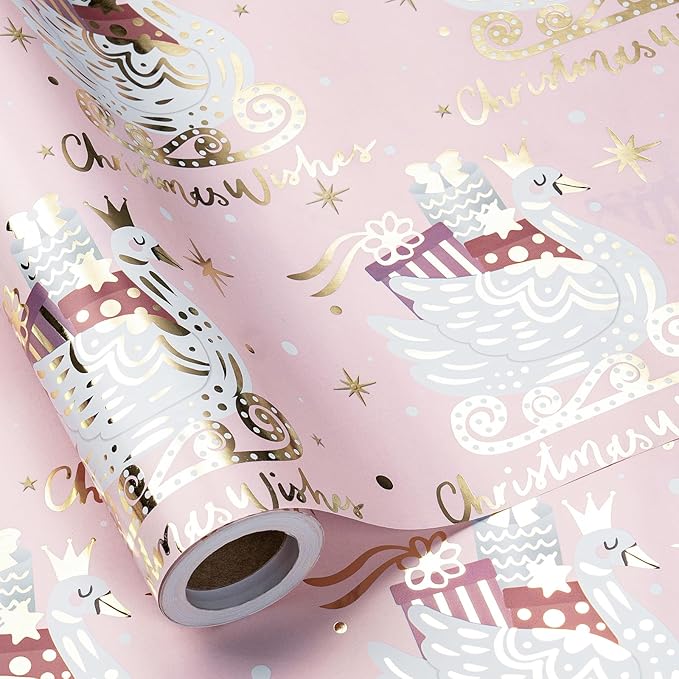 RUSPEPA Christmas Wrapping Paper Roll, Mini Roll, Pink Gold Foil Gift Wrap with Elegant Swan Sled, Presents and Christmas Wishes Design, Perfect for Girls, Women, Holiday Gift, 17 Inches x 16.4 Feet