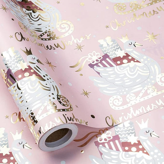RUSPEPA Christmas Wrapping Paper Roll, Mini Roll, Pink Gold Foil Gift Wrap with Elegant Swan Sled, Presents and Christmas Wishes Design, Perfect for Girls, Women, Holiday Gift, 17 Inches x 16.4 Feet