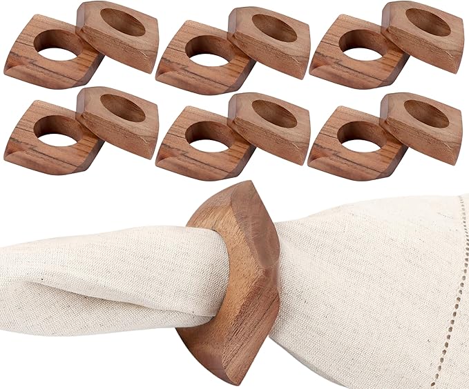 Wooden Napkin Rings Set of 12 Fall Decor for Home Square Acacia Wood Napkin Holders for Dining Table Settings Wood Napkin Ring Rustic Table Décor for Weddings, Parties, and Everyday Use - CLEENTABLE