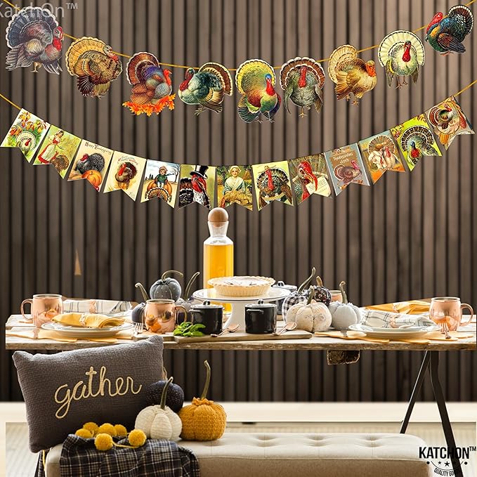 KatchOn, Vintage Thanksgiving Banner - 10 Feet, 2 Strings | Turkey Banner for Turkey Decoration | Vintage Thanksgiving Decorations Indoor, Harvest Decorations