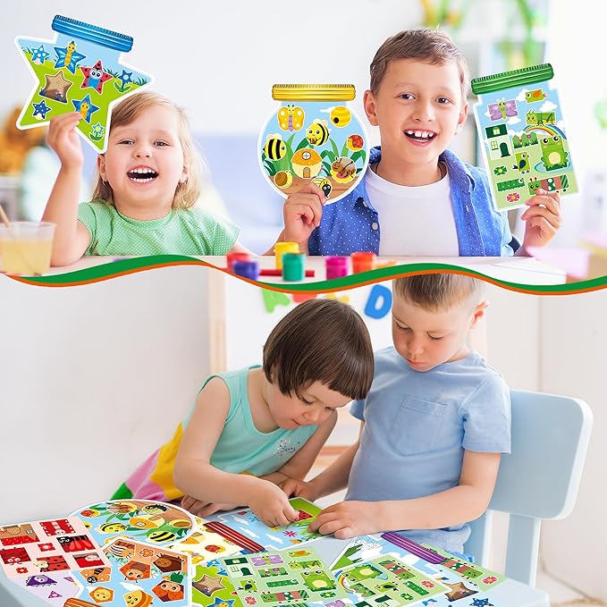 CY2SIDE Summer Bugs Sorting Stickers Scene - 12 Set Cute Insect Sorting Art Craft for Kids Make A Bug Jar Stickers Scene with Butterfly Bee Flower DIY Summer Party Games Class Activities