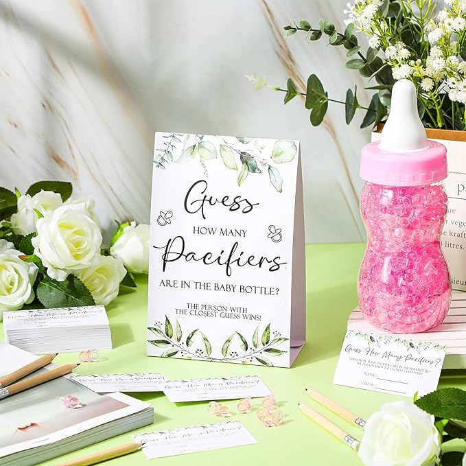 Roowest 512 Pcs Baby Shower Games Guess How Many Pacifiers Sign 100 Small Guessing Games 10 HB Pencils 750ml Milk Bottle 400 Acrylic Pacifiers Decoration for Guest Gender Reveal(Pink,Plant)