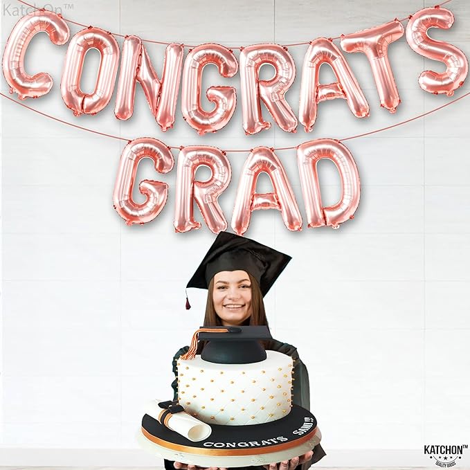 KatchOn, Rose Gold Congrats Grad Balloons - 16 Inch | Congrats Grad Balloon Banner For Graduation Decorations 2025 | Foil Balloon Banner For 2025 Graduation Party Decorations