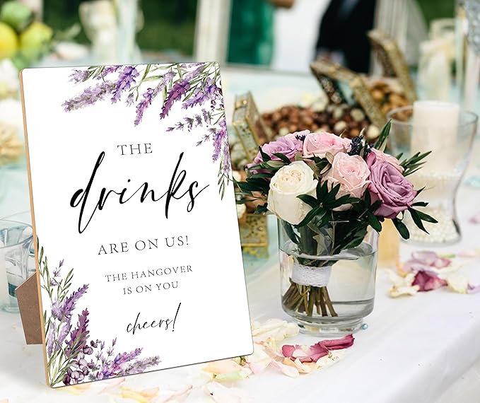 Drink Signs for Party, Lavender Bridal Shower Decorations, Wedding Reception Table Decorations, Engagement Party Decor, Floral Wooden Sign with Stand for Wedding Reception And Bridal Party Decor, 39