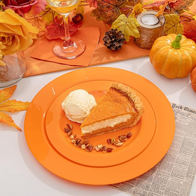 FLOWERCAT 60PCS Orange Plates - Heavy Duty Orange Plastic Plates Disposable for Halloween & Thanksgiving Party - Serve 30 Guests 10.25inch and 7.5inch