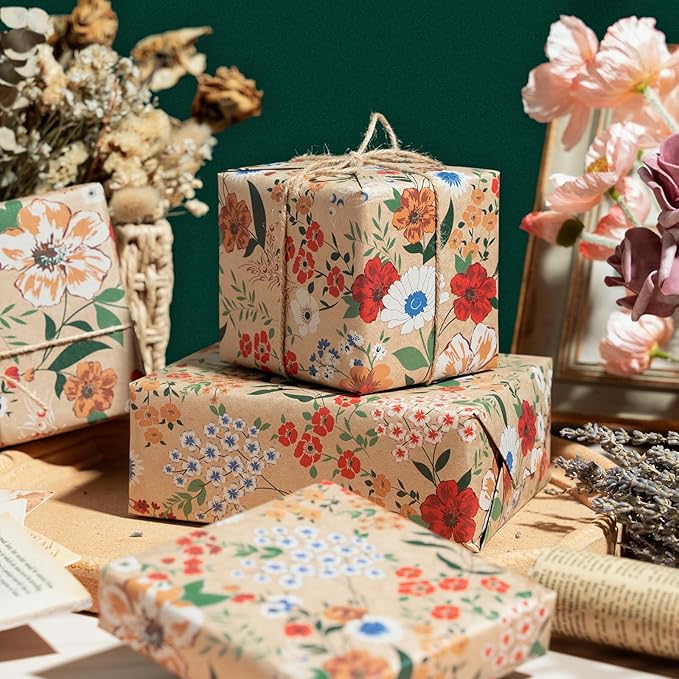 WRAPAHOLIC Kraft Floral Wrapping Paper Roll - Mini Roll - 17 Inch x 33 Feet - All Occasion Flower for Wedding Bridal Shower Birthday